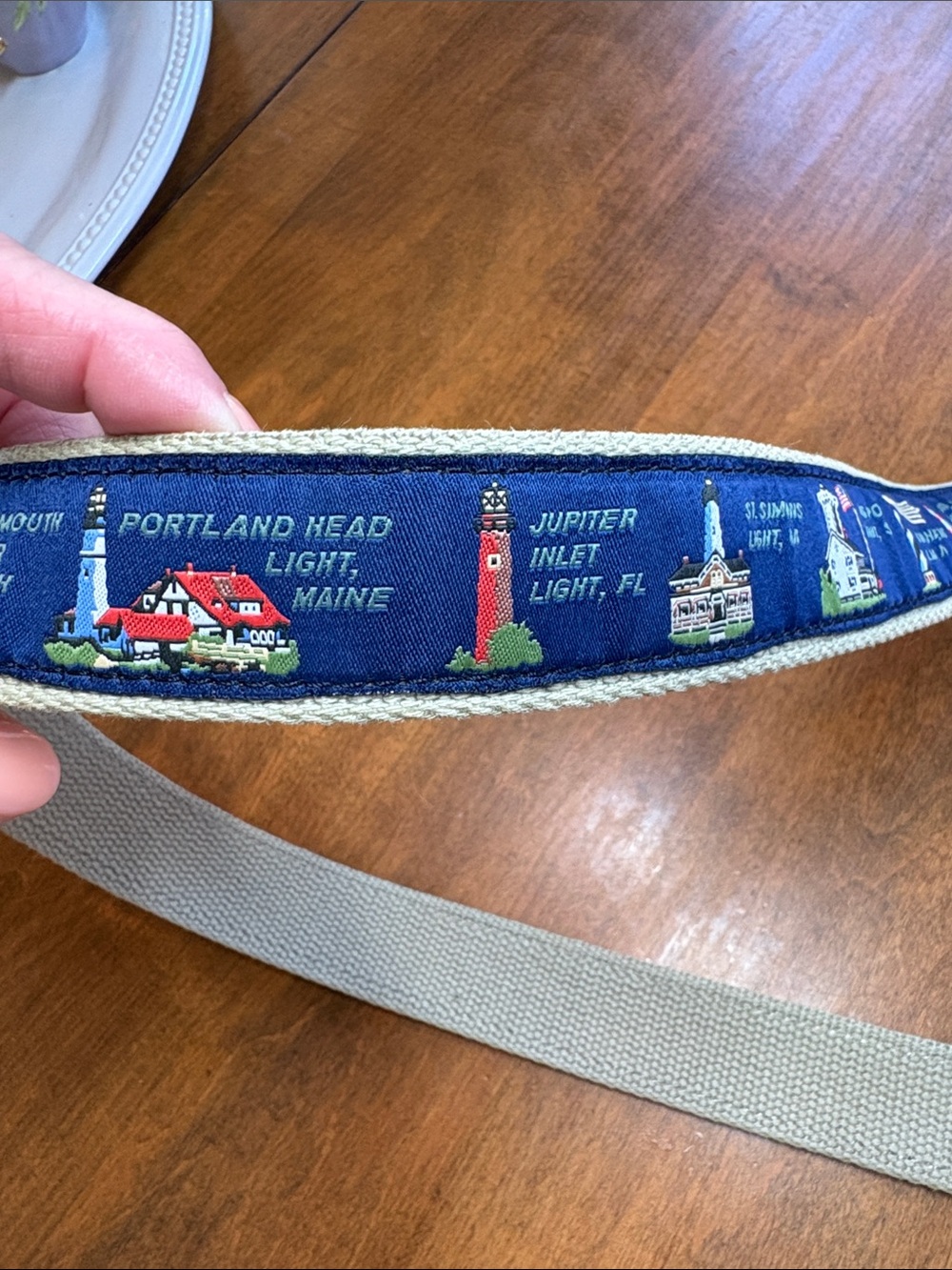 Men's Navy Lighthouse Ribbon Canvas Belt with Brown Leather Trim - Picture 9 of 11